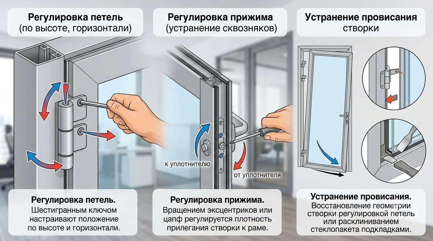 Регулировка алюминиевых дверей: петли, прижим, провисание